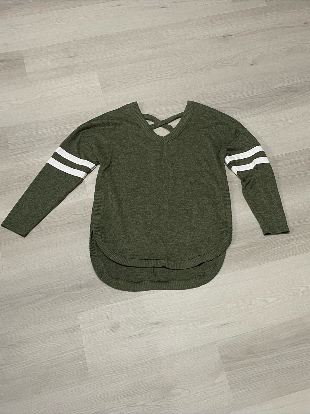 Olive Crisscross V-Neck Top with White Sleeve Stripes